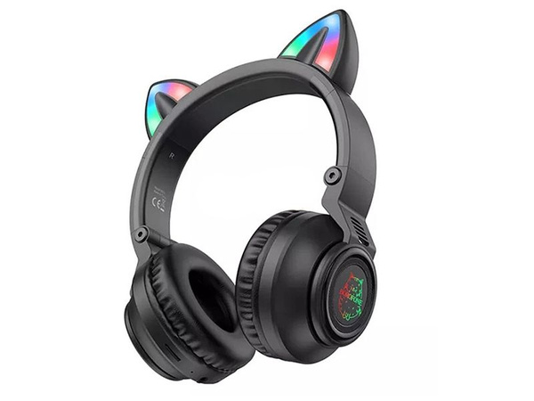Наушники беспроводные Borofone BO18 Cat полноразмерные, Bluetooth, ушки, подсветка, черный коробка