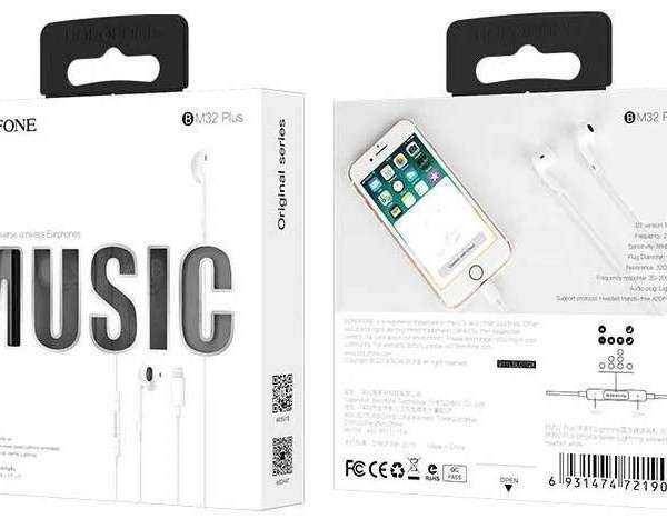 Наушники с микрофоном Borofone BM32 Plus (Iphone5, Lightning) внутриканальные, кабель 1,2м,