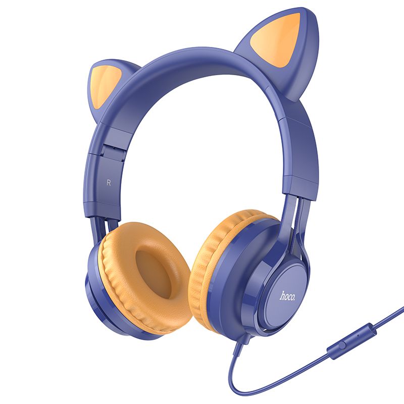 Наушники с микрофоном HOCO W36 Cat ear полноразмерные, кабель 1,2м, 3,5мм 4-pin Jack, кнопка синий,