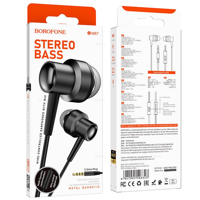 Наушники с микрофоном Borofone BM87 Element metal внутриканальные, кабель 1,2м, 3,5мм 4-pin Jack, кн
