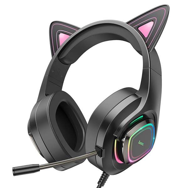 Наушники с микрофоном HOCO W107 elf cat полноразмерные, кабель 2м, 3.5мм Jack + USB, регулятор черны