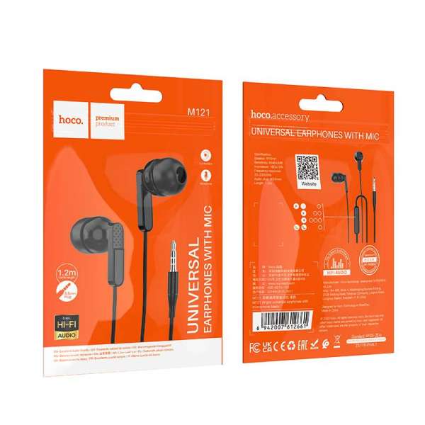 Наушники с микрофоном HOCO M121 внутриканальные, кабель 1,2м, 3,5мм 4-pin Jack,  пакет, черный