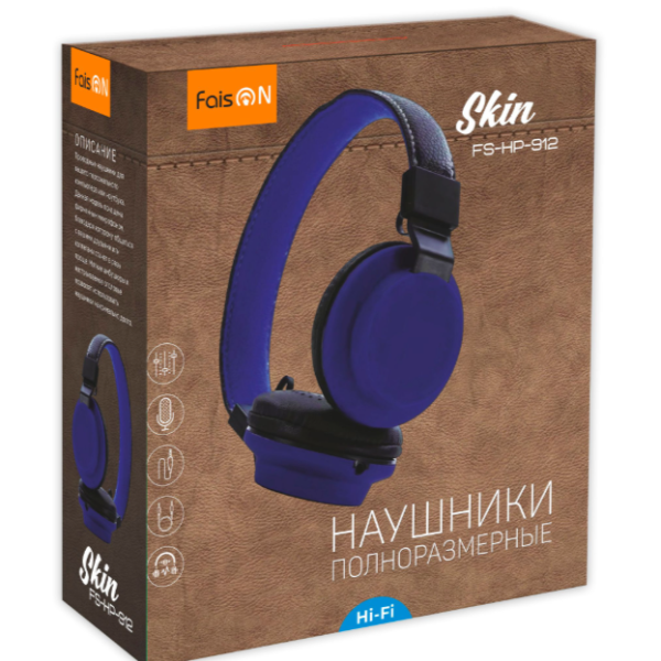 Наушники с микрофоном FaisON FS-HP-912 накладные, кабель 1,2м, коробка, синий