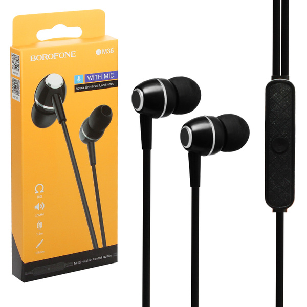 Наушники с микрофоном Borofone BM36 Acura вкладыши, кабель 1,2м, коробка, черный