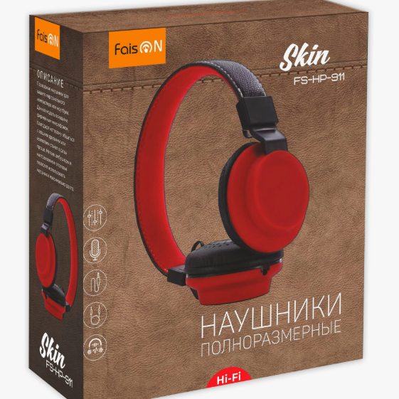 Наушники с микрофоном FaisON FS-HP-911 накладные, кабель 1,2м, коробка, красный