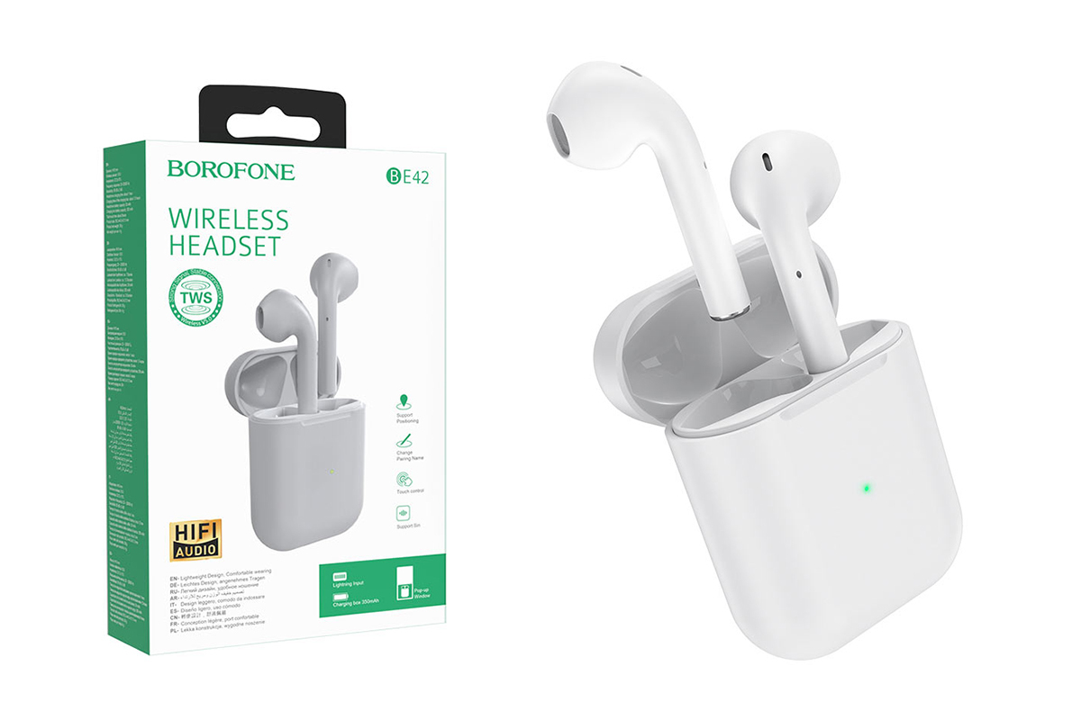 Наушники беспроводные Borofone BE42 Feliz внутриканальные, Bluetooth V5,0, кейс для хранения и серый