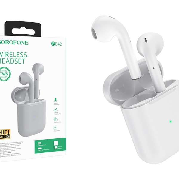 Наушники беспроводные Borofone BE42 Feliz внутриканальные, Bluetooth V5,0, кейс для хранения и серый