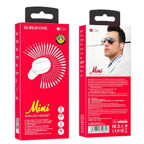 Наушники беспроводные Borofone BC34 Milkey вкладыши, Bluetooth, мобильная, МОНО!!!!( 1 наушник), кор