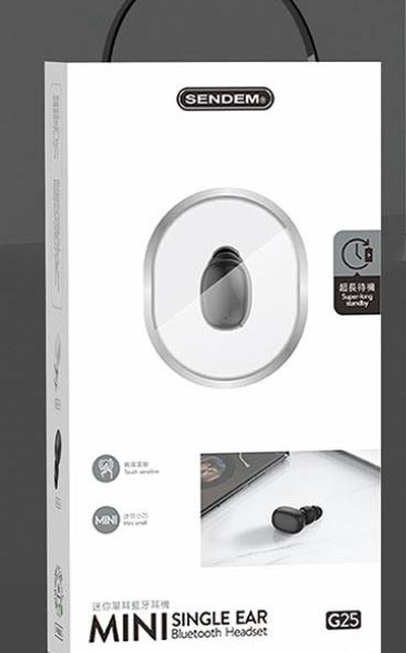 Наушники беспроводные SENDEM G25 вкладыши (заушные), Bluetooth, мобильная, МОНО!!!!( 1 наушник)черны