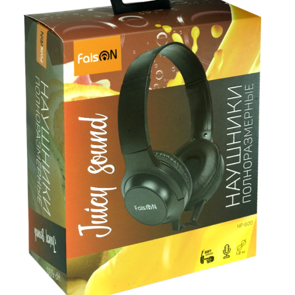 Наушники с микрофоном FaisON HP-600 Juicy sound полноразмерные, кабель 1,2м, 3,5мм 4-pin Jack, кнопк