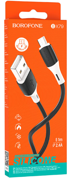 Кабель microUSB Borofone BX79 длина 1м, ток до 2,4А, огнестойкий пищевой силикон, коробка, черный