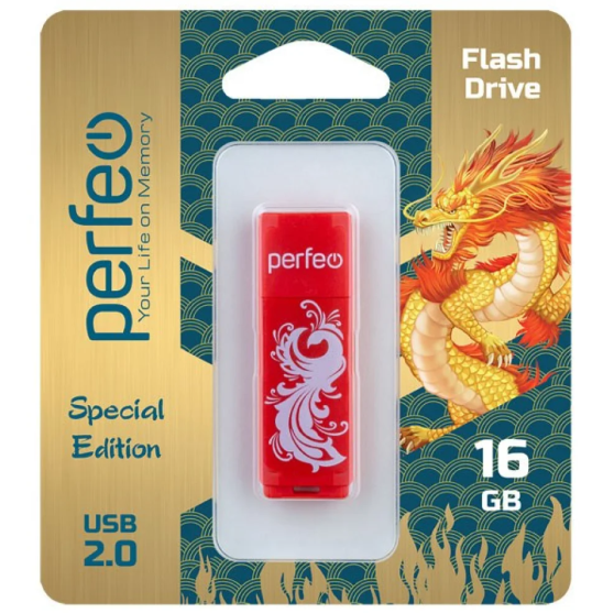 Флэш диск 16 GB USB 2.0 Perfeo C04 Red с колпачком