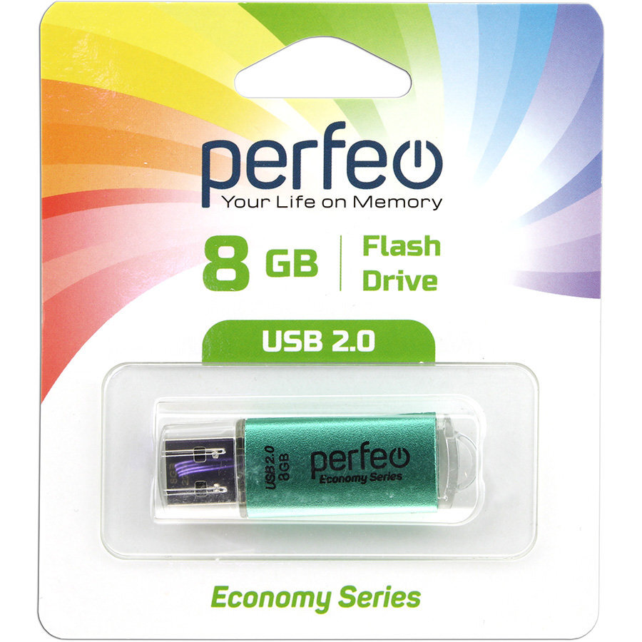Флэш диск 8 GB USB 2.0 Perfeo E01 economy series Green с колпачком, металлический корпус