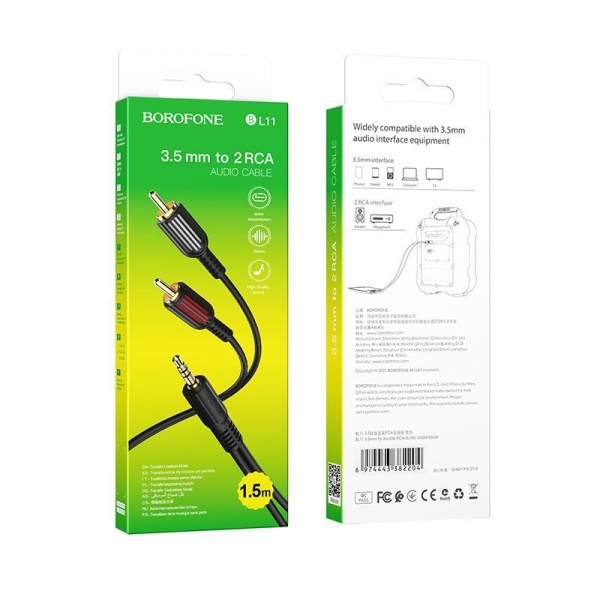 Кабель Jack 3.5 штекер-2RCA Borofone длина 1,5м, коробка черный BL11