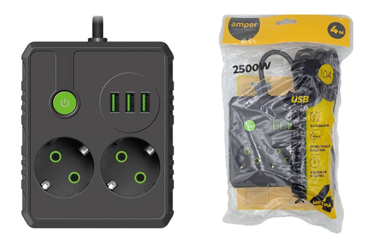 Сетевой удлинитель Amper 2 роз. 2 м. JH-1034U-2B 10 А, 2500 Вт 3х0.75 мм2 3 USB, заземление, черный