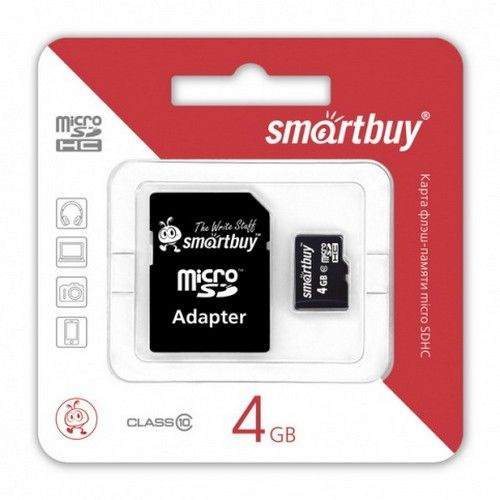 Флэш карта microSDHC 4 GB SmartBuy Class 4 с адаптером