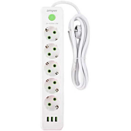 Сетевой удлинитель Amper 5 роз. 2 м. JH-1033U-2W 10 А, 2500 Вт 3х0.75 мм2 3 USB, заземление, белый, 