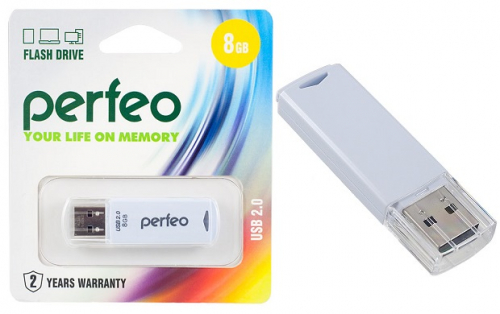 Флэш диск 8 GB USB 2.0 Perfeo C03 White с колпачком