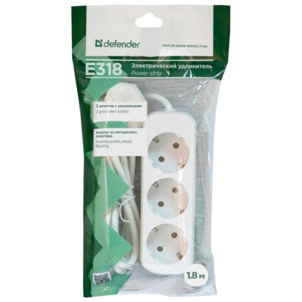 Сетевой удлинитель Defender 3 роз. 1,8 м. E318 (99221) 10 А, 2200 Вт ПВС 3x1 мм2 с заземлением