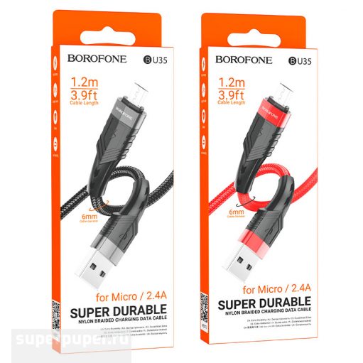 Кабель microUSB Borofone BU35 Influence длина 1,2м, ток до 2,4А, нейлон, металл, коробка, красный