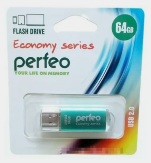 Флэш диск 64 GB USB 2.0 Perfeo E01 economy series Green с колпачком, металлический корпус